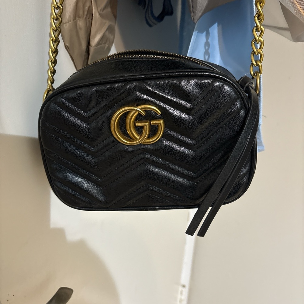 Gucci Black Chevron Crossbody Bag with Gold Chain